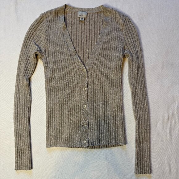 a new day Sweaters - A New Day‎ Shimmer Beige Fitted Ribbed V-Neck Button Down Cardigan XS